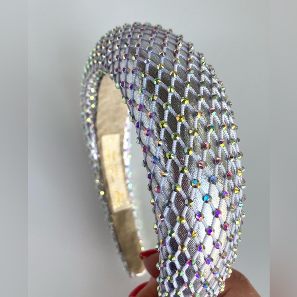 Padded 1.5” Headband with Rhinestone-Adorned Mesh Overlay/Silver Base Handmade - Picture 7 of 10